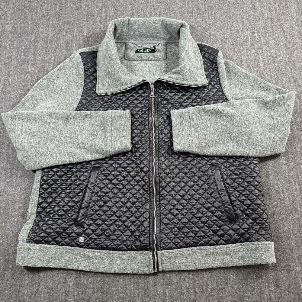 Lauren Ralph Lauren Womens XL Gray Black Quilted Fleece Full Zip Jacket